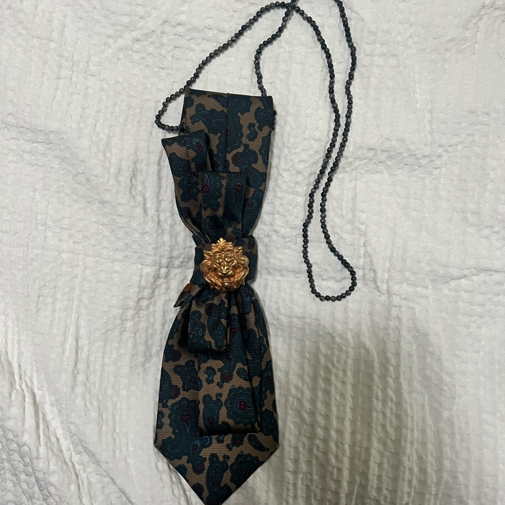 Blue and Gold Necktie Necklace with Paisley Pattern